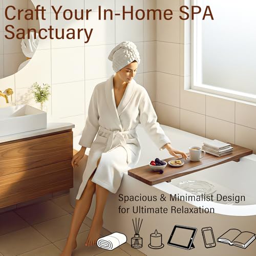 Acacia Wood Bathtub Tray Caddy, 35" L Adjustable for Freestanding Tub