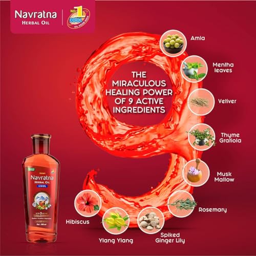 Navratna Ayurvedic Cool Oil | with 9 Active Herbal Ingredients | Relaxing Head Massage Oil | Revitalizes Scalp & Strengthen Hairs | Provides Cooling Effects | 3.38 Fl Oz/100ml