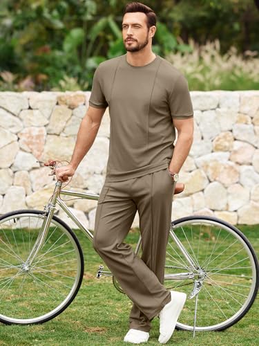 JMIERR 2 Piece Set for Men 2026 Crewneck Drawstring Tracksuit Summer Vacation Athletic Texture Sportwear Suits,S,Khaki