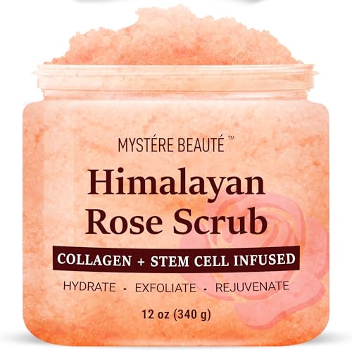 Himalayan Salt Body Scrub, Collagen & Rose Oil for Skin Cleansing, 12 fl oz