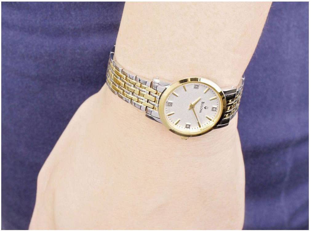 Bulova Ladies' Classic Diamond Dial Two-Tone Stainless Steel 3-Hand Quartz Watch, Silver-White Dial Style: 98P115