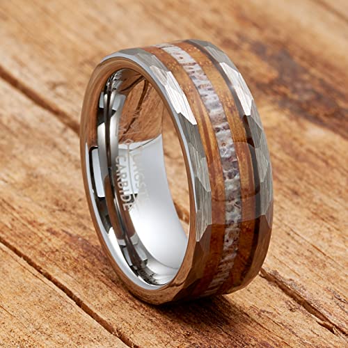 Metal Masters Co. Mens Deer Antler Whiskey Barrel Tungsten Carbide Ring Hammered Wedding Band 8MM