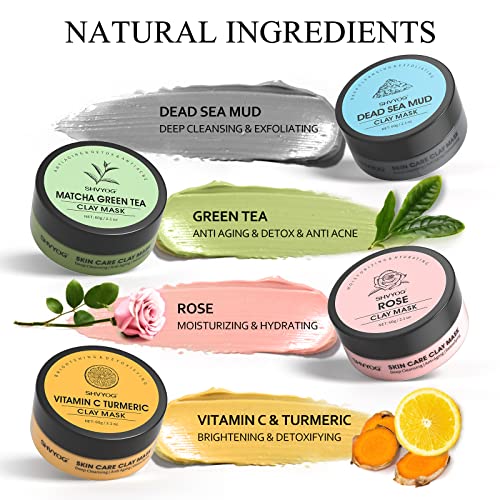 SHVYOG 4Pcs Face Mask Set - Turmeric Clay Mask, Vitamin C, Green Tea, Rose, Dead Sea Mud Mask, Skin Care Mask for Deep Cleansing, Refining Pores, Valentine's Day Gifts for Women- 240g