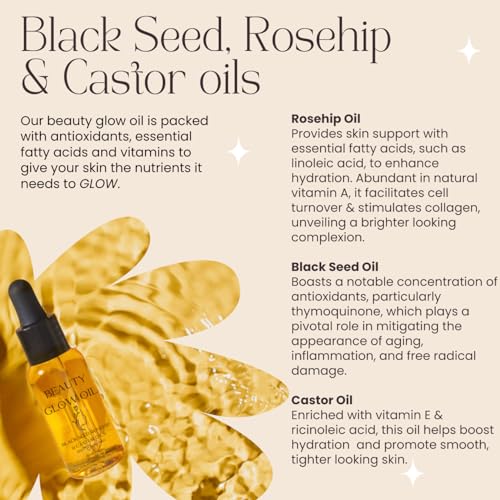 Black Seed Oil, Rosehip Oil, Castor Oil Organic Cold Pressed for Face Anti-Aging Miracle Facial Moisturizer Serum Natural Skincare Fortifying Hydrates Skin Moisturizing Beauty Glow Oil 1 Fl Oz/30mL