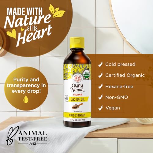 GuruNanda Castor Oil Organic USDA Certified (8 Fl oz) - 100% Pure & Natural, Cold Pressed & Hexane-Free, Hydrating Carrier Oil for Skin, Hair, Eyebrows & Eyelashes Growth