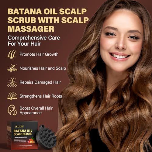 Scalp Scrub for Hair Growth, Scalp Exfoliator with Batana Oil & Rosemary, Deep Scalp Cleanser with Scalp Massager, 2-in-1 Clarifying Shampoo Hair Treatment, Buildup Removal, Itchy Relief, 10.93 oz