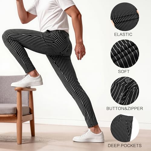 GINGTTO Mens Dress Pants Slim Fit Stretch Pinstripe Pants Men Casual Black 32Wx30L