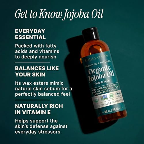 SOULSATION Organic Jojoba Oil for Skin, Hair & Face (8oz) | 100% Pure, Natural Cold Pressed - Hydrating Carrier Oil Hexane Free