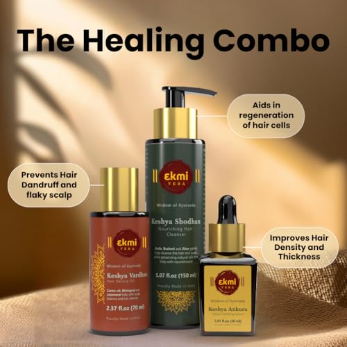 EKMIVEDA Hair Growth Set With Ayurvedic Herbs - Bhringraj, Castor, Amla, Rosemary for Hair Growth. Sulfate Free Hair Thickening Products, 3 Pcs - Oil, Shampoo & Redensyl Serum, 8.45 Fl Oz