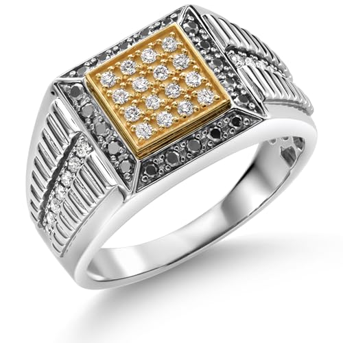 Gem Stone King Men's 925 Sterling Silver & 10K Yellow Gold Lab Grown Diamond & Black Diamond Cuban Rolex Style Square Cut Band Ring For Men | 0.56 Cttw | Size 7