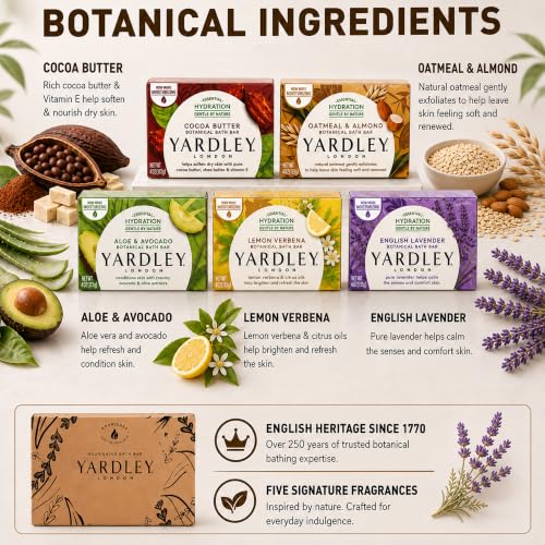 Yardley London Soap Bath Bar Bundle - 10 Bars: English Lavender, Oatmeal and Almond, Aloe and Avocado, Cocoa Butter, Lemon Verbena 4.25 Ounce Bars (Pack of 10 Bars, Two of each)