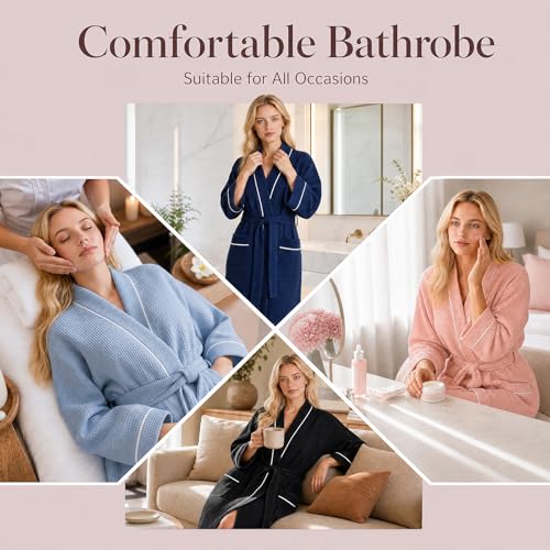 Inner Wish Women's Cotton Waffle Kimono Robe, Lightweight Quick Dry Spa Shower Robe with Pockets, GREY, M