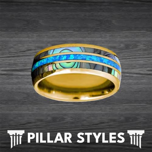 14K Gold Opal Wedding Band Tungsten Rings with Abalone Shell 8mm Yellow Gold Ring Mens Wedding Bands with Ocean Blue Opal Inlay Tropical Engagement and Anniversary Gifts for Couples