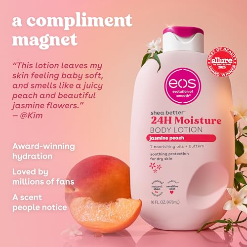 eos Shea Better Body Lotion Jasmine Peach, 24-Hour Moisture Skin Care, Lightweight & Non-Greasy, Natural Shea, Vegan, 16 fl oz