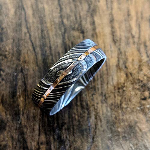 New 7mm Wide Damascus Steel Ring with 14k Solid Rose Gold Inlay