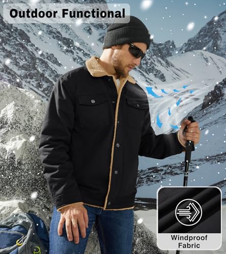 EKLENTSON Winter Coats for Men Fleece Lined Warm Sherpa Outdoor Jacket for Cold Weather, Black, XX-Large