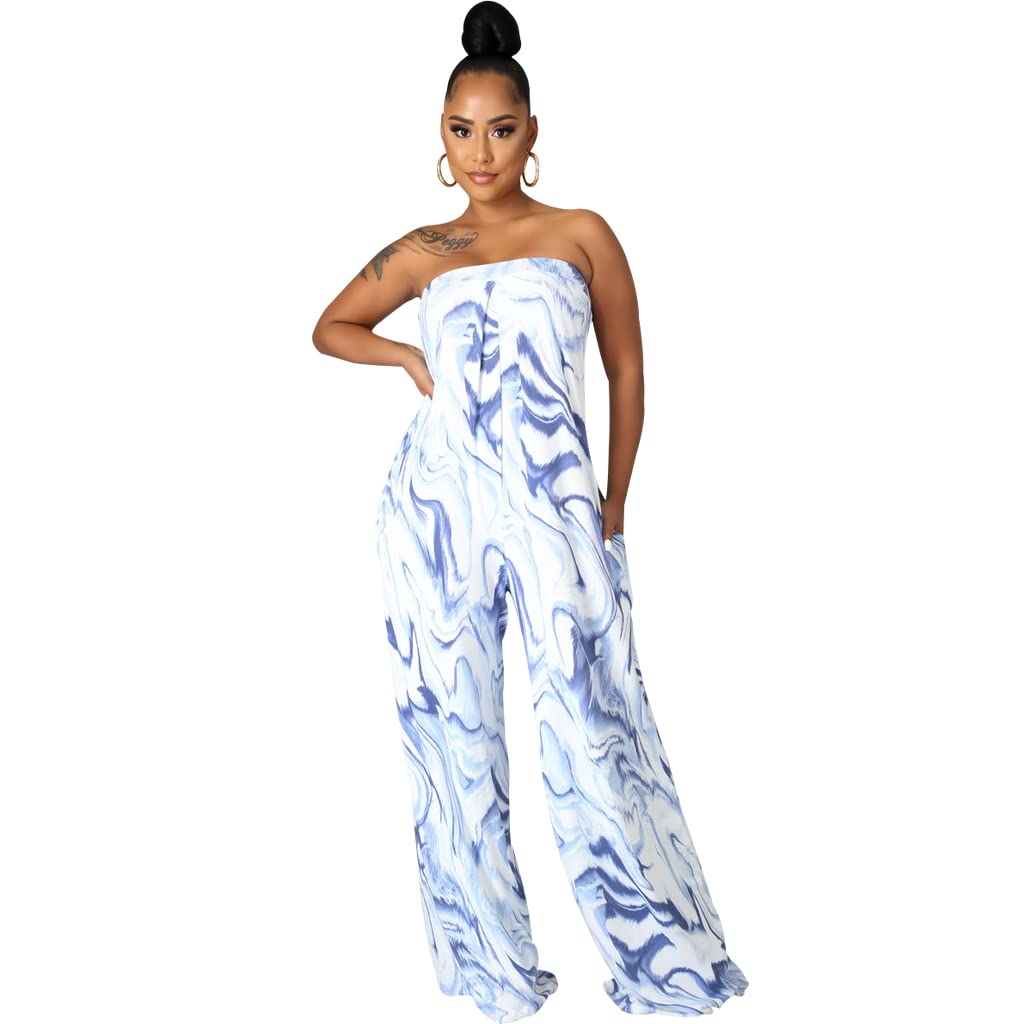 LightlyKiss Women's Summer Sexy Sleeveless Jumpsuit Fashion Open Back Jumpsuits Elegant Wide Leg Pants Rompers Blue.
