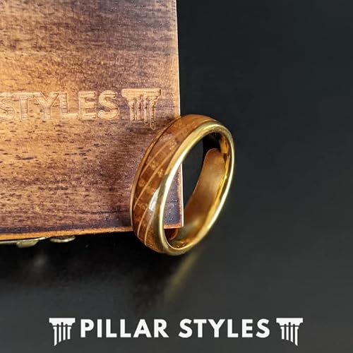 6mm Yellow Gold Ring with Bourbon Wood Inlay Tungsten Rings for Men 14K Gold Wedding Band Whiskey Barrel Ring