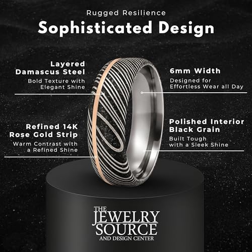 6mm Damascus Steel Men’s Wedding Ring – Rose Gold Inlay & Comfort Fit Band – Textured Black Grain – Custom Sizing Available (15)