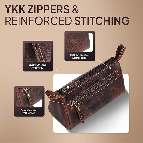 TheAntiq Leather Makeup Bag for Women – Genuine Leather Cosmetic Bag Travel, Handmade Zippered Makeup Pouch, Small Toiletry Bag, Shaving Kit & Stationery Organizer- Brown