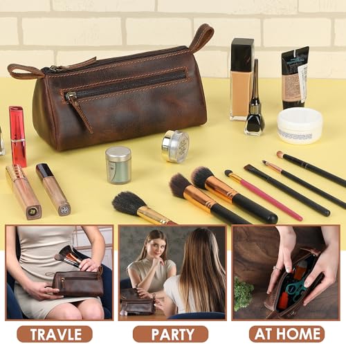 TheAntiq Leather Makeup Bag for Women – Genuine Leather Cosmetic Bag Travel, Handmade Zippered Makeup Pouch, Small Toiletry Bag, Shaving Kit & Stationery Organizer- Brown