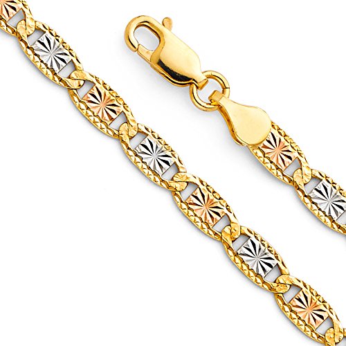 14k REAL Tri Color Gold Solid 2.5mm Star/Edge Diamond Cut Chain Bracelet with Lobster Claw Clasp - 7"