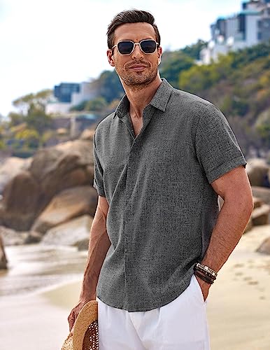 COOFANDY Men's Linen Shirts Short Sleeve Casual Shirts Button Down Shirt for Men Beach Summer Wedding Shirt Dark Grey
