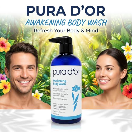 PURA D'OR 16 Oz Awakening Body Wash with Aloe Vera, Chamomile, Lavender, Tea Tree and Natural Nutrients - pH Balanced for Moisturized Soft, Fresh-Feeling Skin, All Skin Types, Men & Women