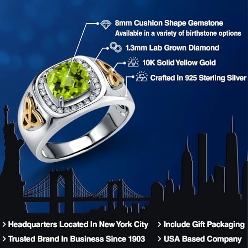 Gem Stone King Two-Tone Cushion Cut Ring for Men | CHK Peridot | 11