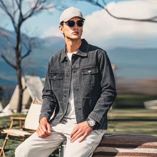 ZVX Denim Jacket for Men Vintage Autumn and Winter Tops Men Lightweight Denim Jacket Dark Gray X-Large