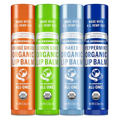 Dr. Bronner's - Organic Lip Balm Variety Peppermint, Orange Ginger, Naked, Lemon Lime) - Made with Organic Beeswax and Avocado Oil, For Dry Lips, Hands, Chin or Cheeks, 0.15 Ounce (Pack of 4)
