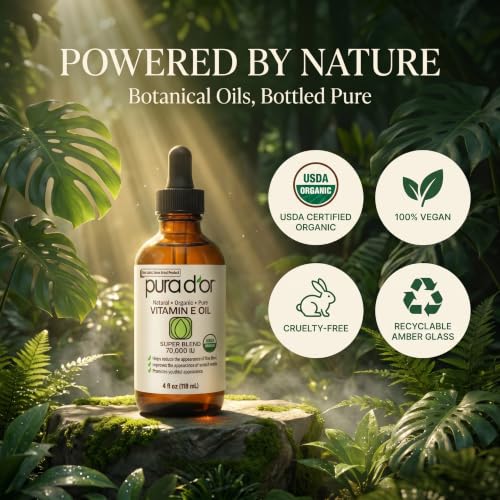 PURA D'OR ORGANIC Vitamin E Oil 70,000 IU Blend for Body Face Care, 4 fl oz