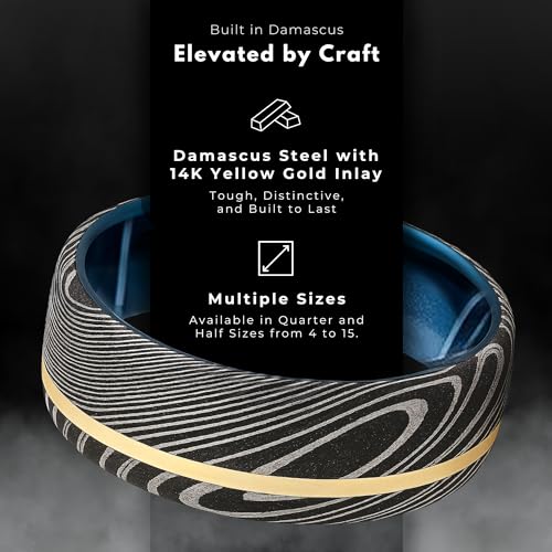 The Jewelry Source Men’s 7mm Damascus Steel Ring with 14K Gold Inlay – Ocean Blue Sleeve (4.5)