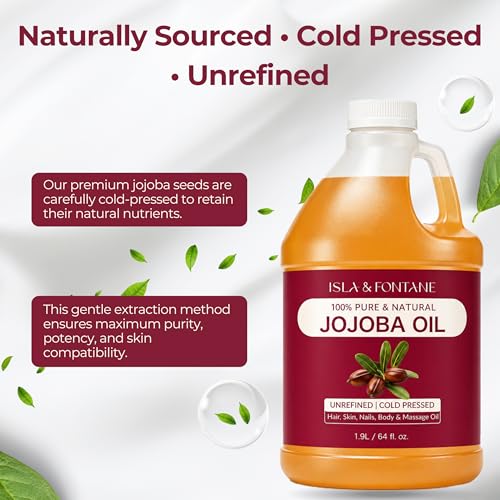 ISLA & FONTANE Jojoba Oil – 64 fl oz | 100% Pure & Natural | Golden, Unrefined, Cold Pressed | Hexane-Free Carrier Oil for Skin, Hair, Face, Nails & Body Moisturizing