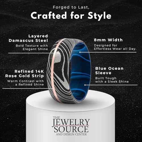 8mm Damascus Steel Men’s Wedding Band – 14K Rose Gold Inlay – Blue Ocean Sports Sleeve – Comfort Fit Ring with Etched Black Grain Pattern (9)