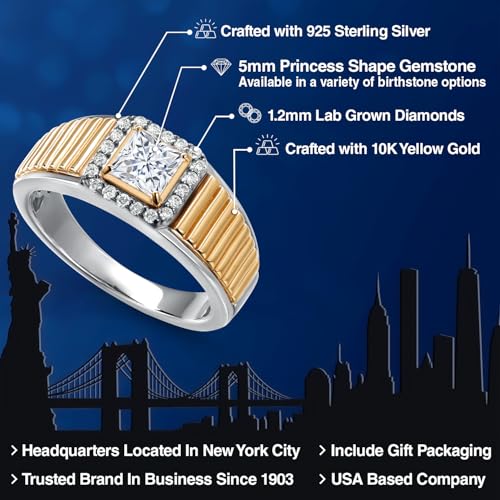 Gem Stone King Princess Cut Ring For Men | 925 Silver and 10K Yellow Gold | 5MM Princess Cut Gemstone Birthstone and 1.2MM Round White Lab Grown Diamond | Available in Size 7-13