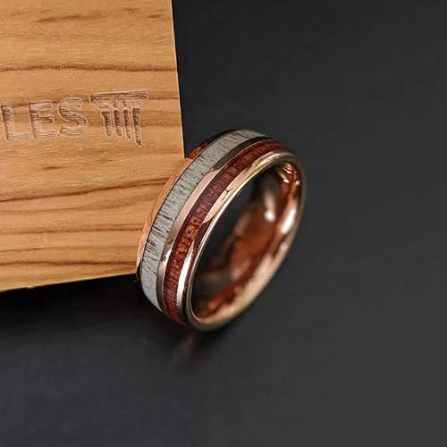 Deer Antler Rings for Men Rose Gold Wedding Band with Koa Wood and Antler Inlay - Rustic Tungsten and Wood Rings for Him