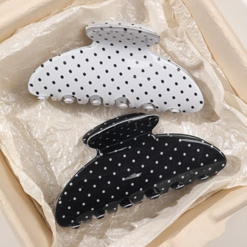2 Acetate Hair Claw Clip for Women, 3.8-Inch Black and White Polka Dot Big Hair Clips Strong Hold No Slip Claw Clips for Thick or Thin Hair