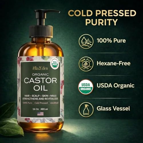 USDA Organic Castor Oil, 100% Pure Cold-Pressed Hexane-Free, 16 Oz