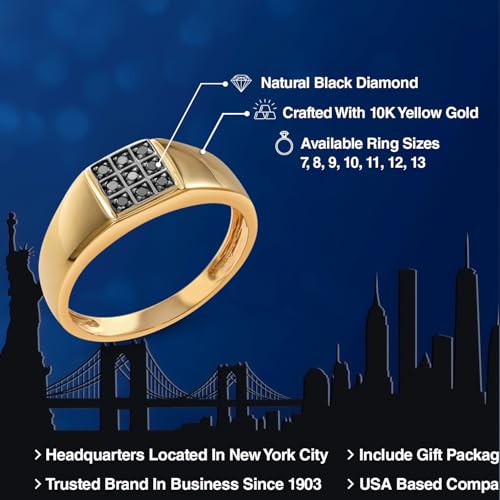 Gem Stone King 10K Yellow Gold Round Black Diamond Ring for Men (Size 13)