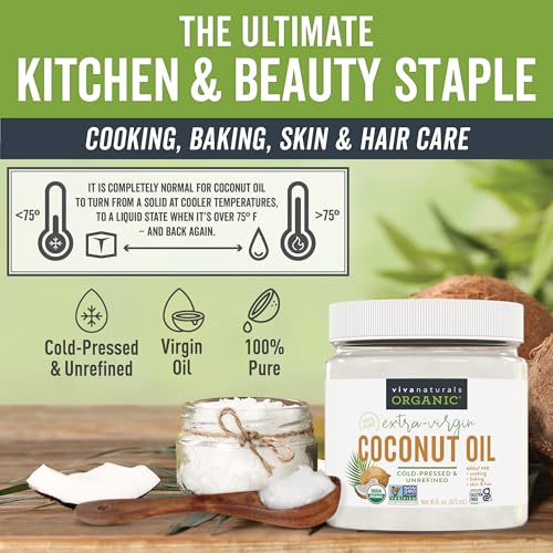 Viva Naturals Organic Coconut Oil, 16 fl oz – Unrefined, Cold-Pressed Extra Virgin Coconut Oil, USDA Organic & Non-GMO, Natural Cooking Oil, Hair Oil & Skin Oil