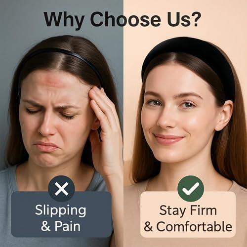 AUDTOPE Black Velvet Padded Headbands for Women, Soft Simple Headband for Girls and Teens, Plain No Teeth Thick Hoops Hair Accessories