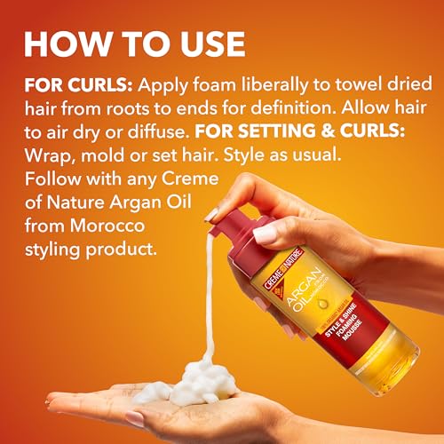 Creme of Nature Style & Shine Foaming Mousse, Defines Curls & Controls Frizz, Moisturizes Hair while Adding Shine with Argan Oil from Morocco, 7 fl oz