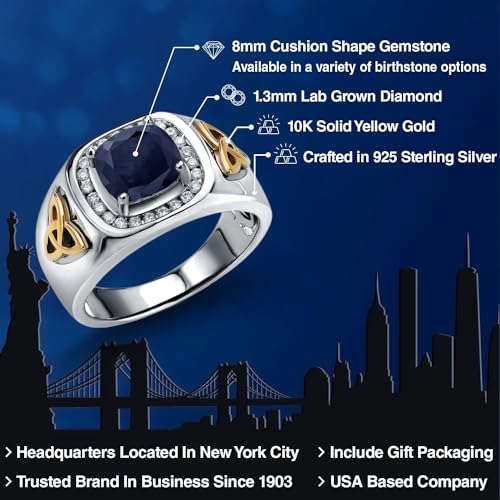 Gem Stone King Two-Tone Cushion Cut Ring for Men, Blue Sapphire, 11