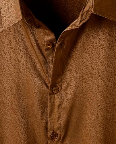 ZEROYAA Men's Luxury Shiny Satin Jacquard Shirt Modern Fit Short Sleeve Button Down Shirts for Summer Party Prom Brown Large