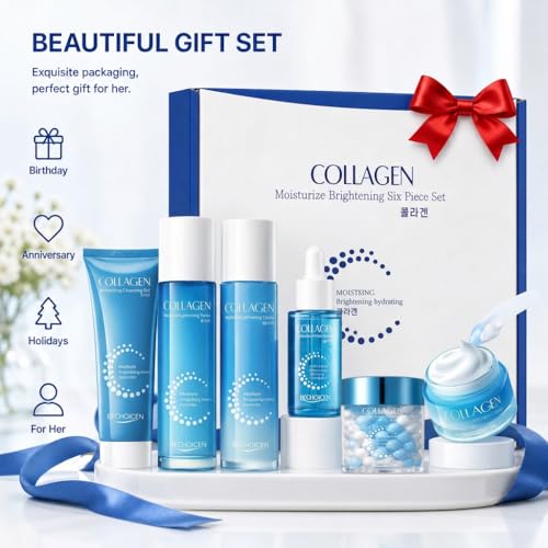 Collagen Skincare Set for Women – 6Pcs Face Care Kit with Cleanser,Toner,Serum,Eye Cream,Face Lotion & cream – Hydrating,Firming & Nourishing Routine,Gentle for All Skin Types,Great Gift Idea