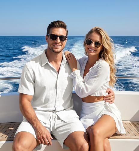 JMIERR Men Beach Sets 2 Piece Short Sleeve Summer Outfits 7 inch 2026 Quiet Luxury Sets Tracksuit with Pockets, 3XL, White