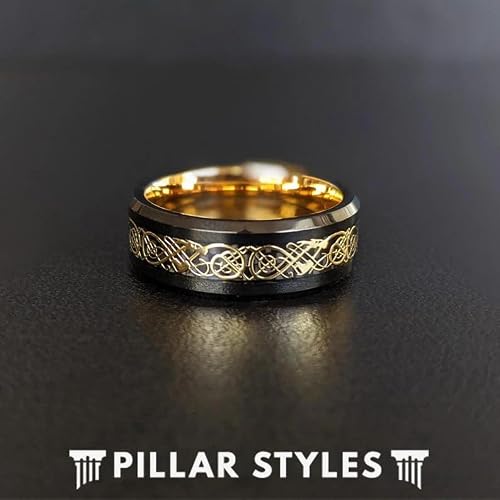 Pillar Styles 14K Gold Celtic Rings for Men Wedding Bands Black Viking Ring with Beveled Edges 8mm Tungsten Rings with Irish Inlay Unique Couples for Him