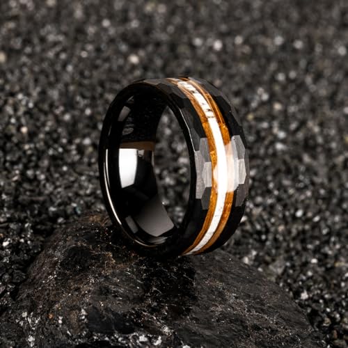 JEWPER 8mm Men Womens Wedding Band Tungsten Rings Black Hammer pattern Fashion Promise Carbide Inlaid Antlers Fire whiskey barrel wood Matte Finish Edge Comfort Fit Size(10)