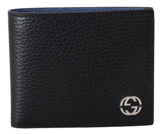 Gucci Classic Dollar Calf Leather Bifold Wallet, Black Outside and Blue Inside